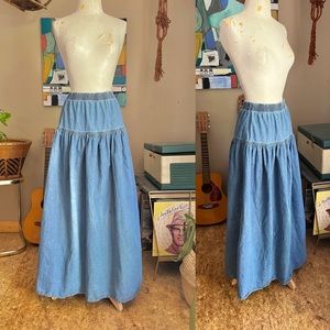 80-90s vintage made in USA denim maxi skirt with drop waist